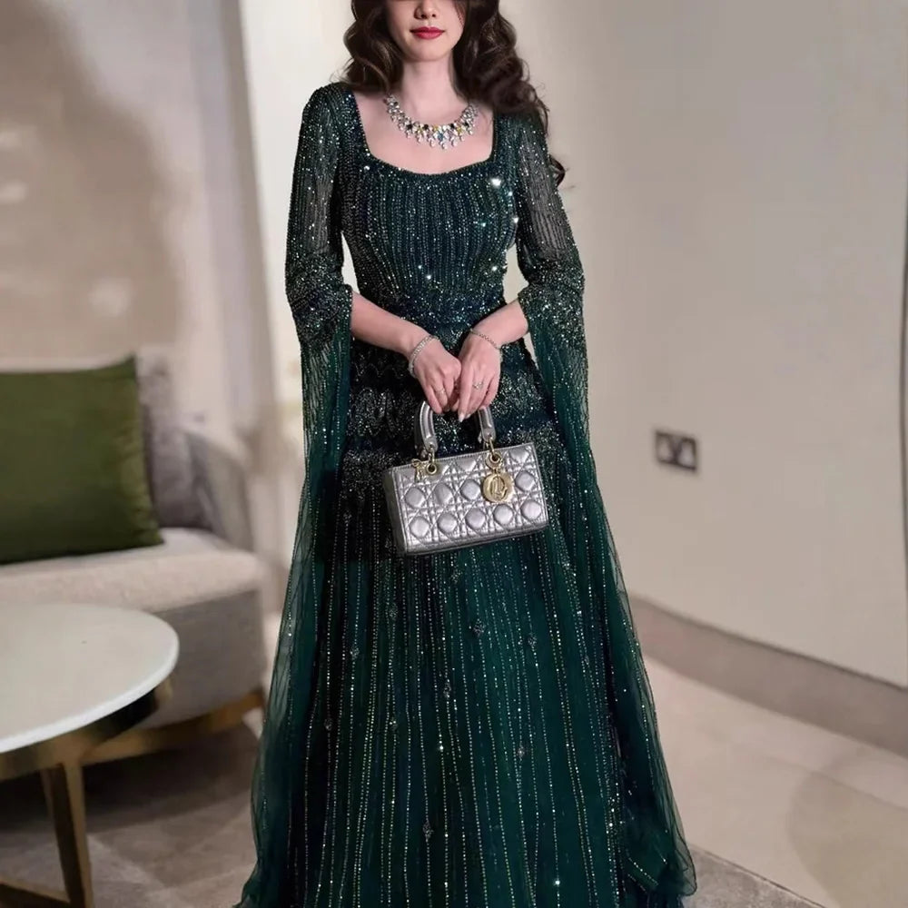 Luxury Green A-LineBeaded Evening Dress with Cape Sleeves LA73089