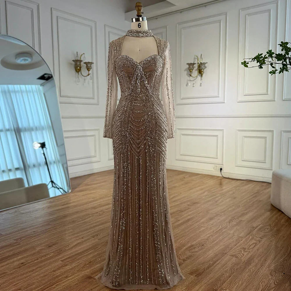 Caramel Beaded Mermaid Evening Dress with Long Sleeves LA72560B