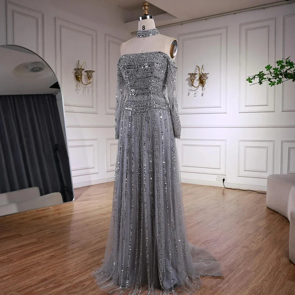 Luxury Caramel Off Shoulder Beaded Mermaid Evening Dress Long Sleeves LA73053