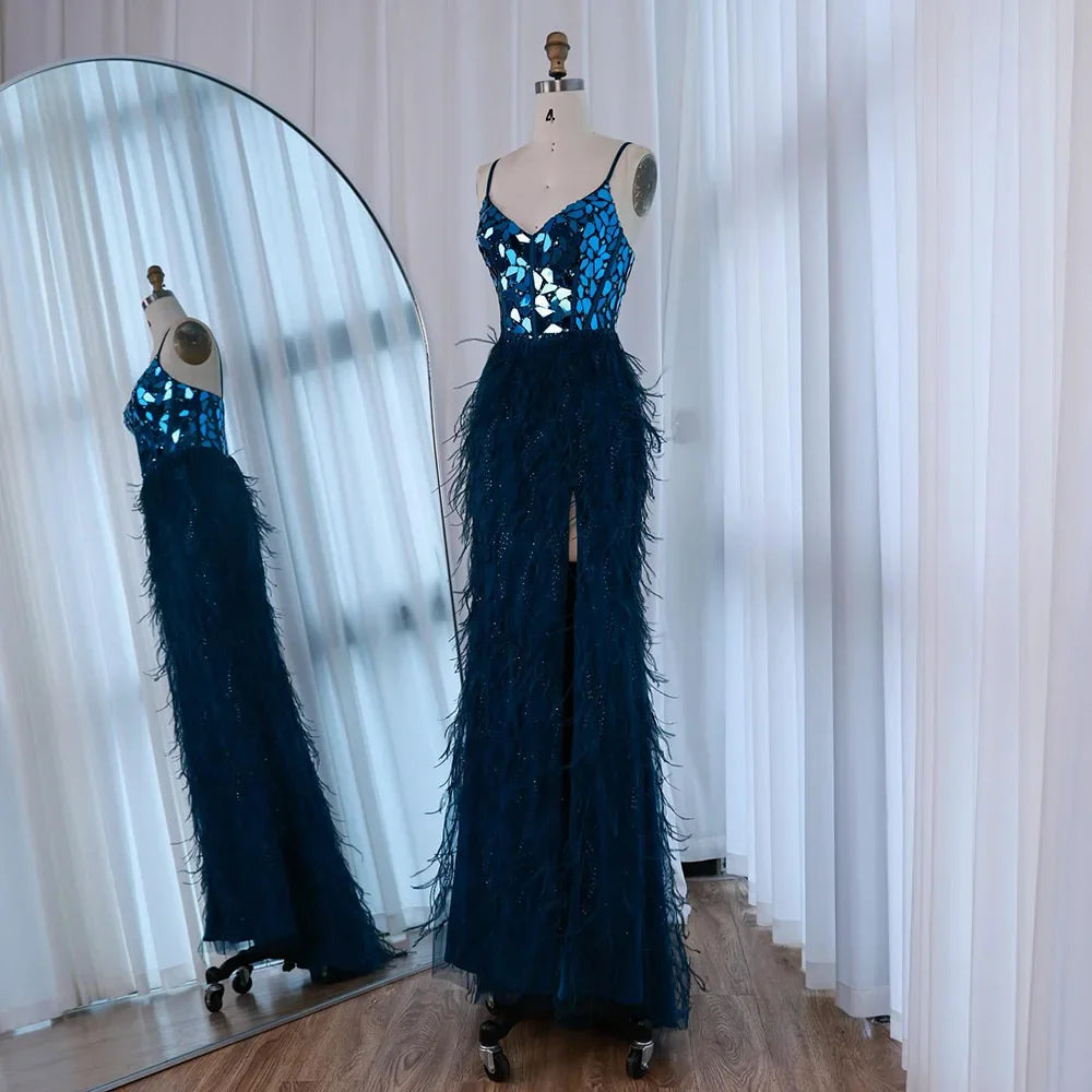 Luxury Peacock Blue Feather Evening Dress with Mirror Beaded Bodice LA73008