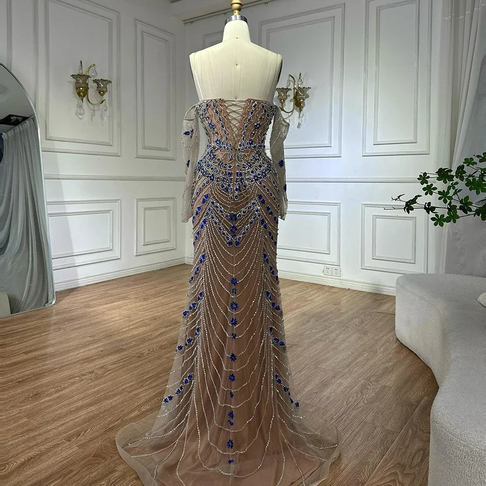 Luxury Blue Beaded Mermaid Evening Dress LA72858