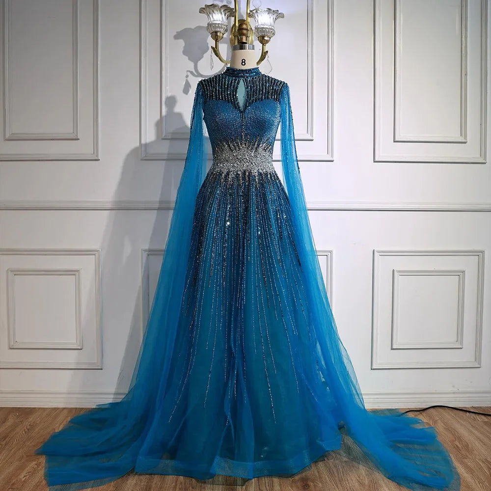 Luxury Modest Blue Beaded Evening Dress with Cape LA73059