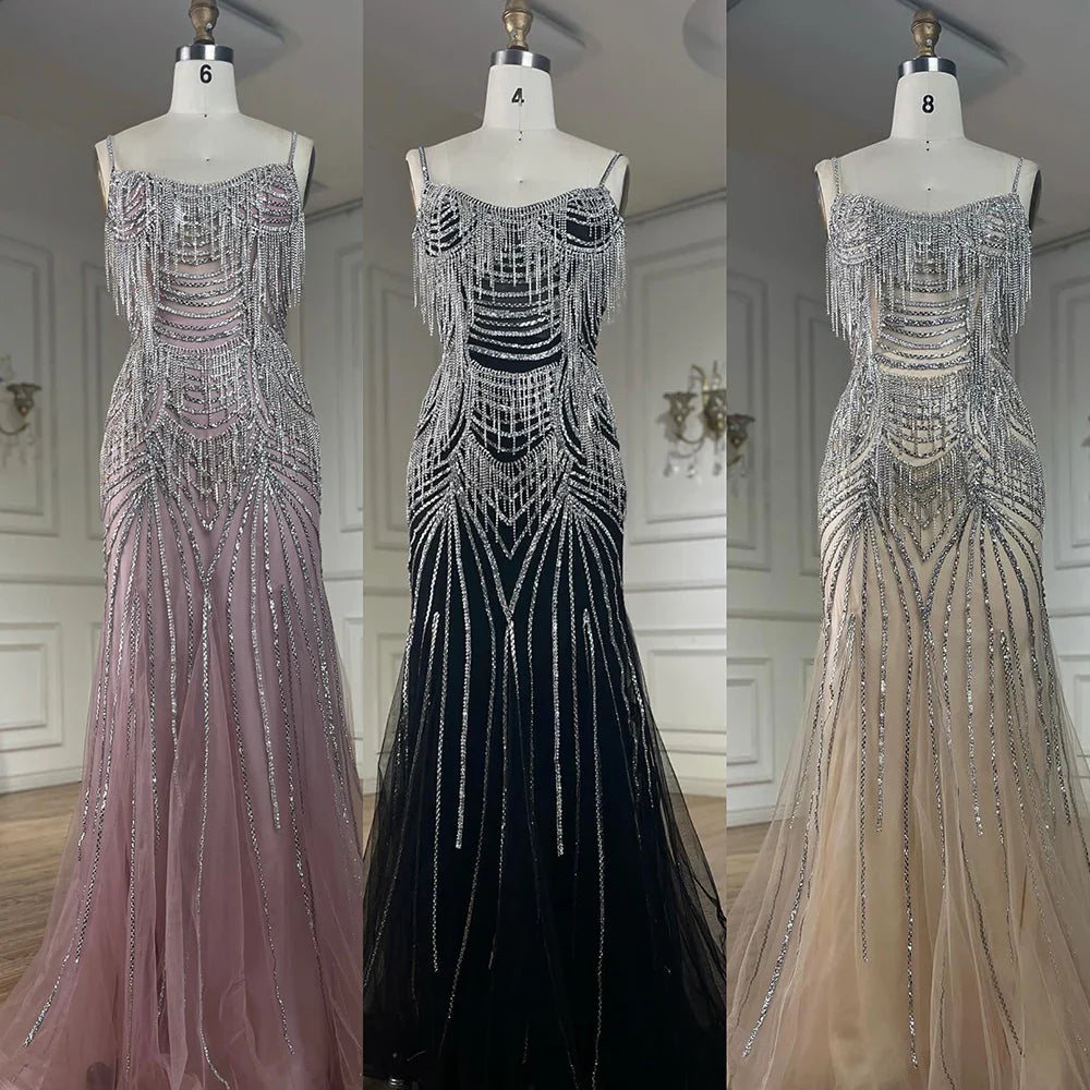 Luxury Dubai Silver Nude Spaghetti Strap Mermaid Evening Dress Gown with Luxury Beaded Tassels for Formal Occasion LA72772