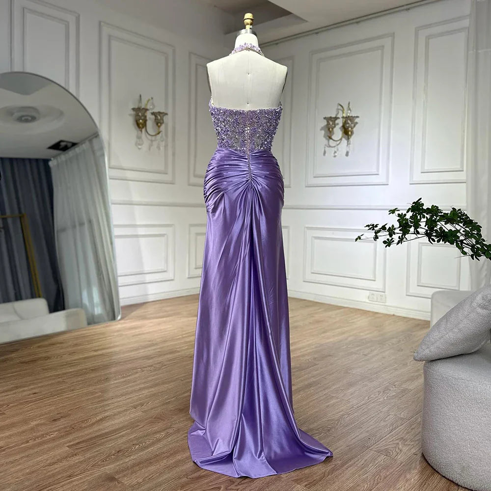 Luxury Dubai Lilac Halter Neck Satin Split Mermaid Evening Dress LA72668