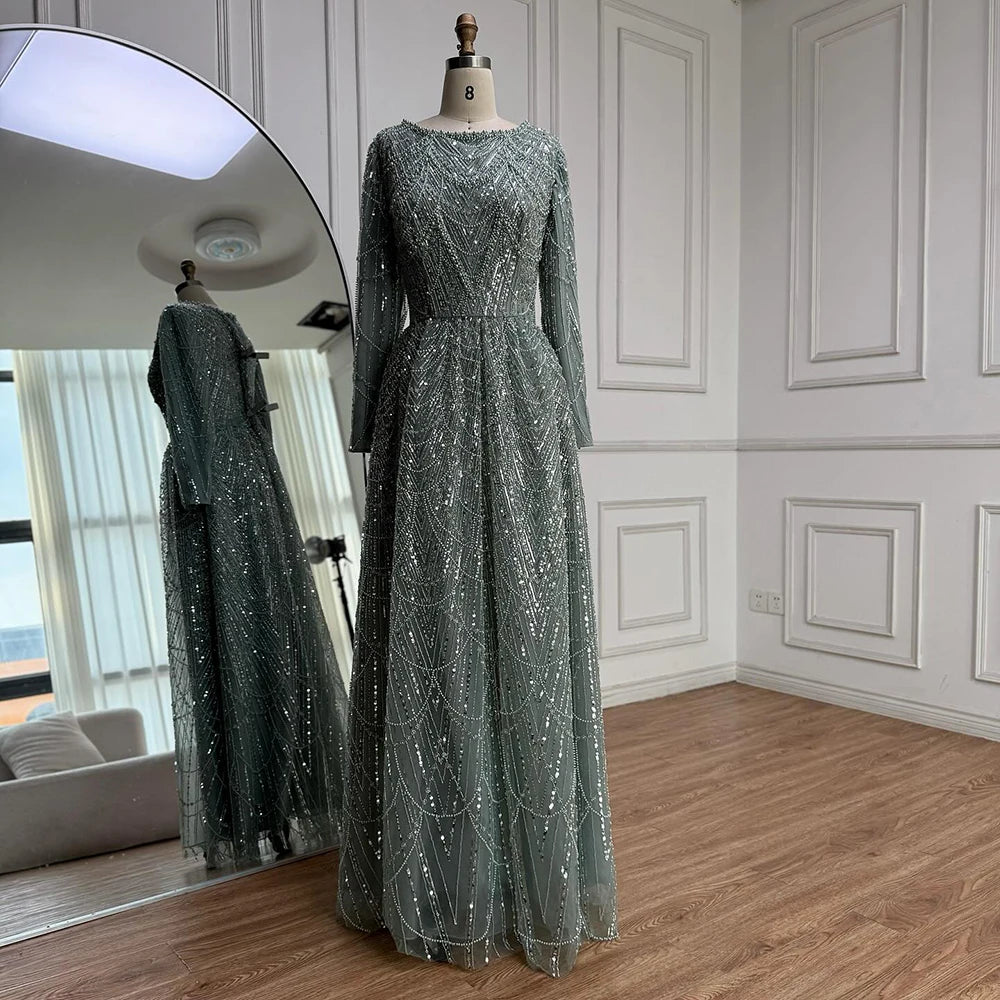 Luxury Olive Green Beaded A-Line Modest Evening Dress LA72738B