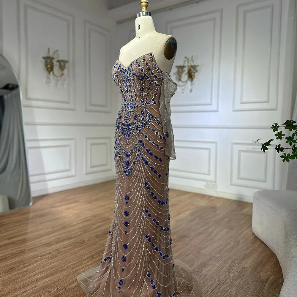 Luxury Blue Beaded Mermaid Evening Dress LA72858