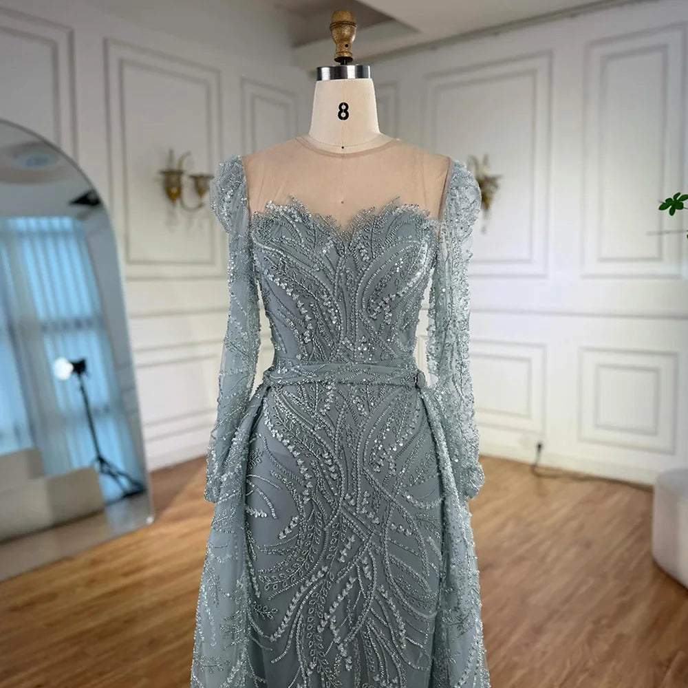 Luxury Sage Green Beaded Evening Dress with Detachable Overskirt LA73066