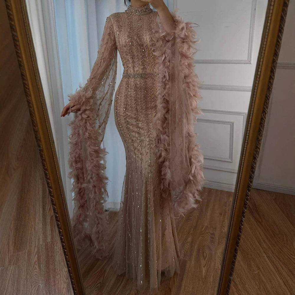 Elegant Rose Gold Evening Dress Featuring Feathered Cape Sleeves LA72947