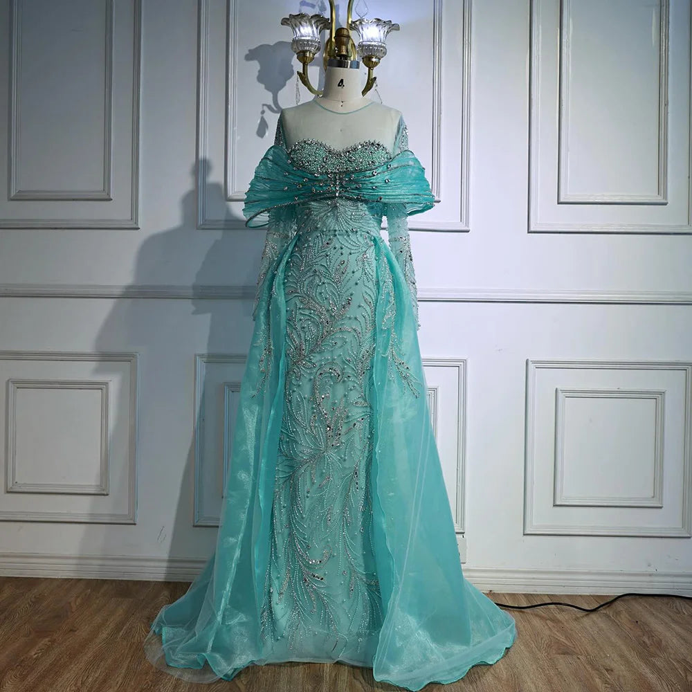Luxury Blue Designer Evening Dress with Long Sleeves Overskirt LA72841