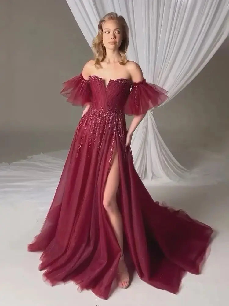 Wine Red A-Line High Slit Evening Gown with Detachable Short Sleeves LA72938