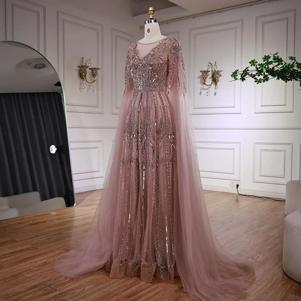 Elegant Beaded A-Line Evening Dress with Cape Sleeves LA73056