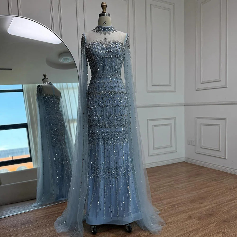 Luxury Nude Beaded Evening Dress with Long Cape Sleeves LA72714A