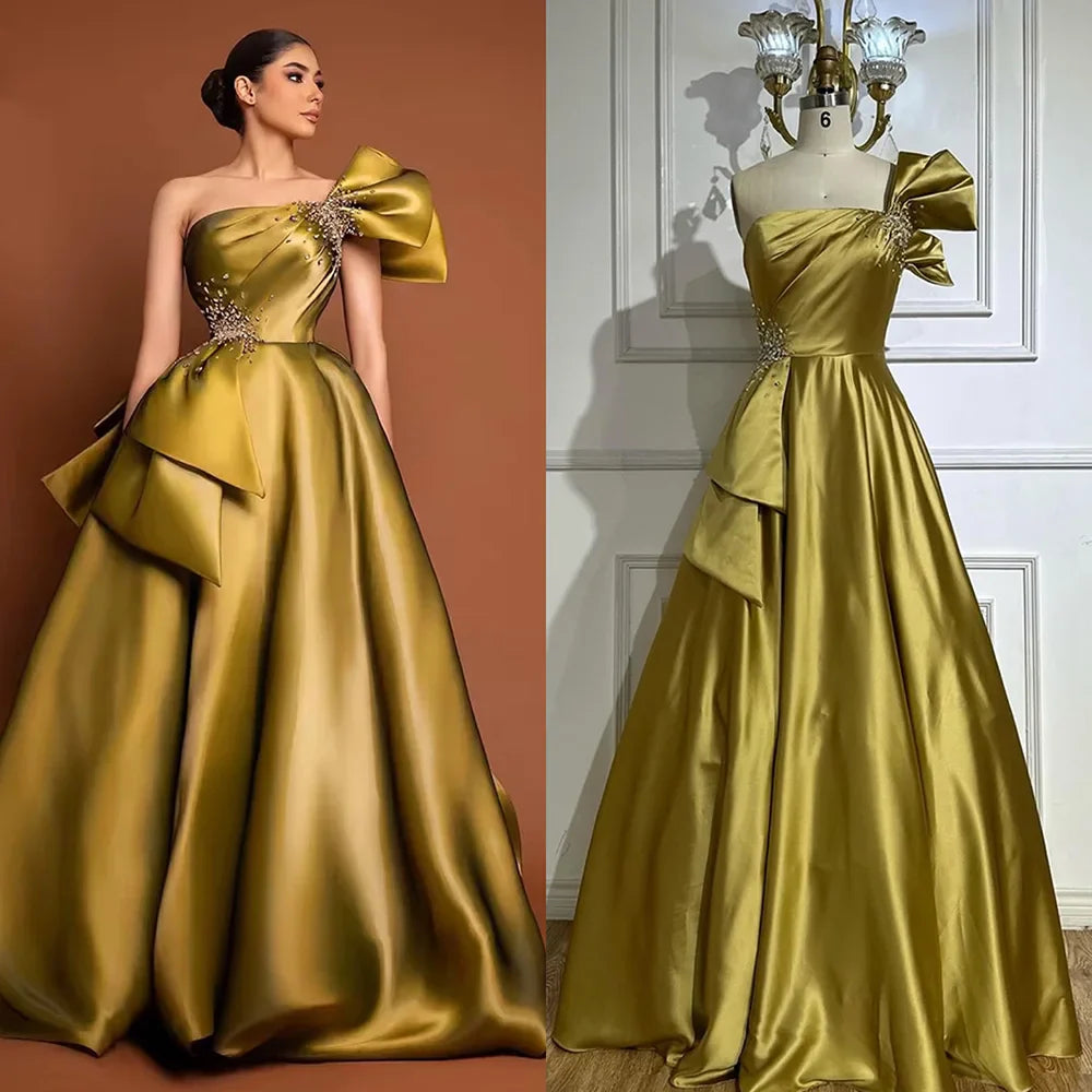 Luxury Yellow Satin One Shoulder A Line Evening Dress LA72794