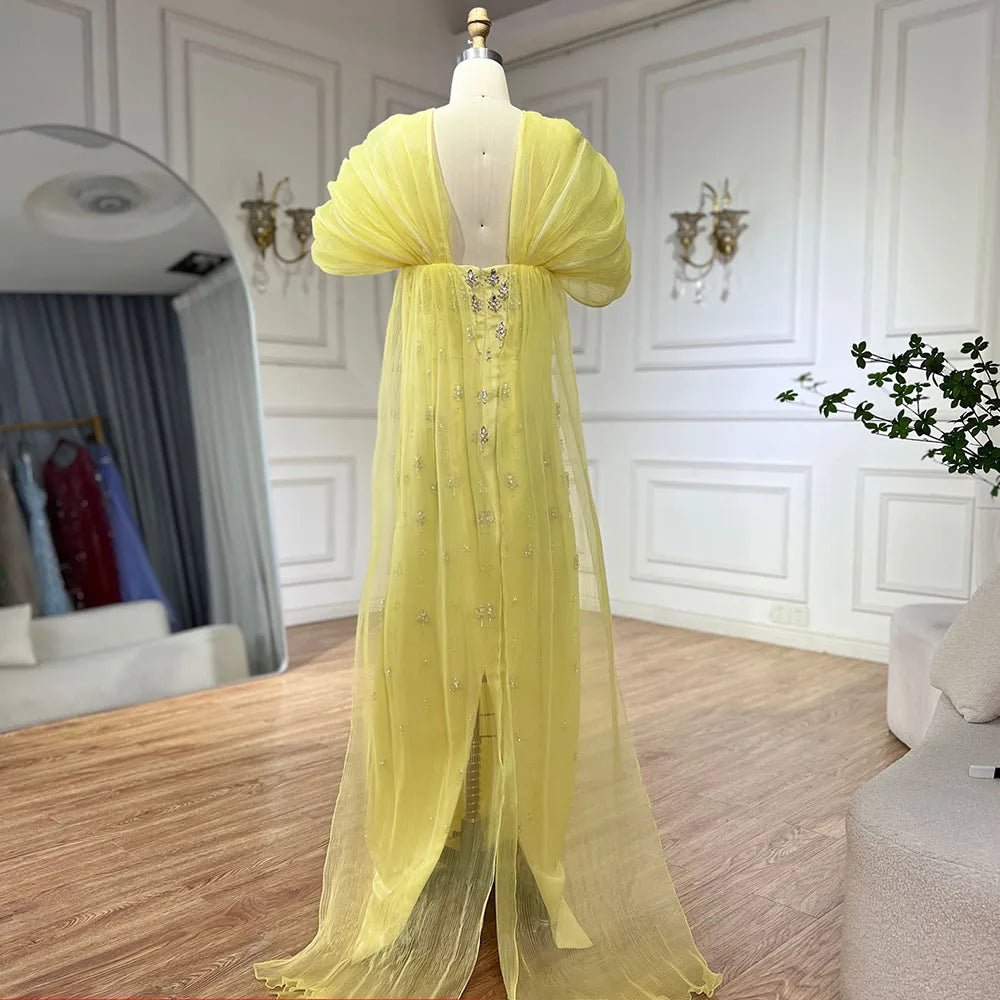 Luxury Dubai Elegant Yellow Saudi Arabic Ankle Length Evening Gown Beaded Dress for Formal Occasion LA72756