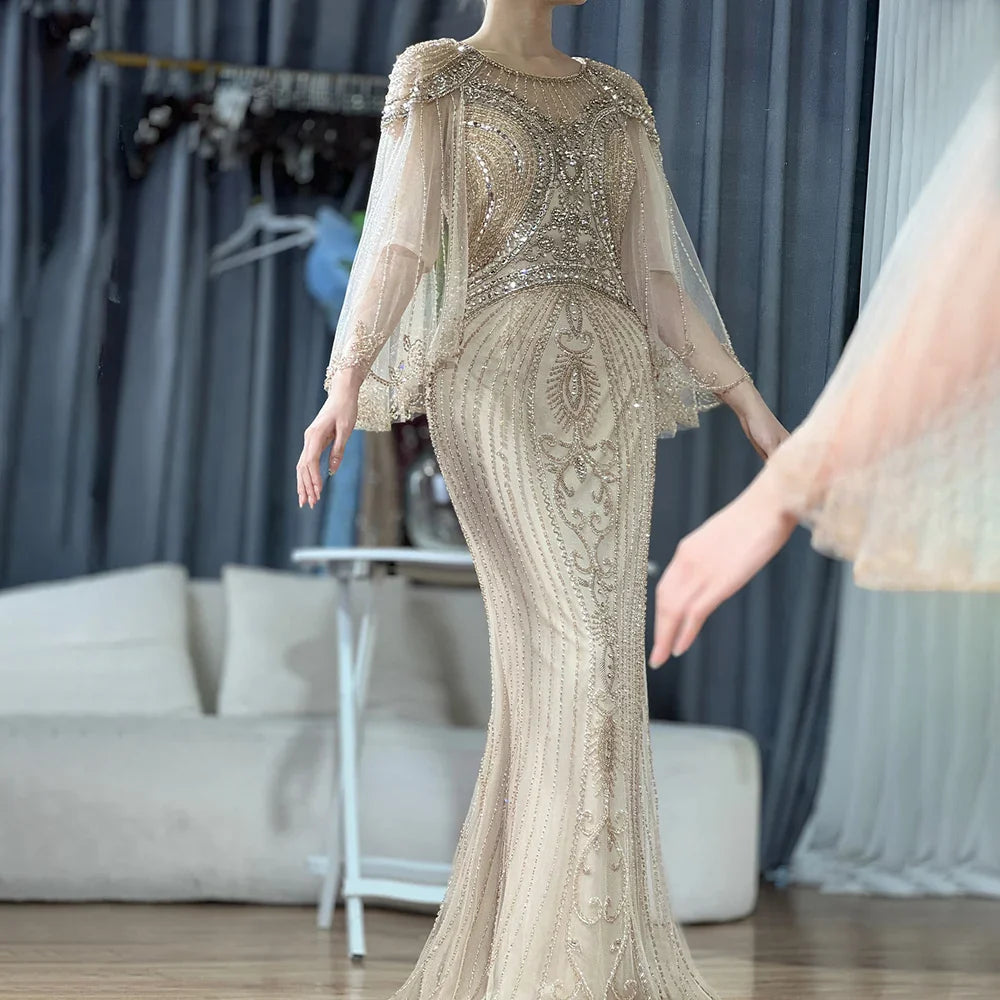 Luxury Dubai Arabic Gold Elegant Mermaid Beaded Long Evening Dresses Gowns for Formal Occasion LA72749