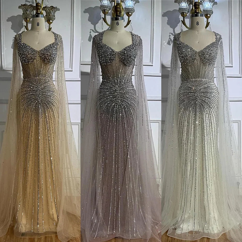 Luxury Nude Beaded Evening Dress with Cape Sleeves LA72575C