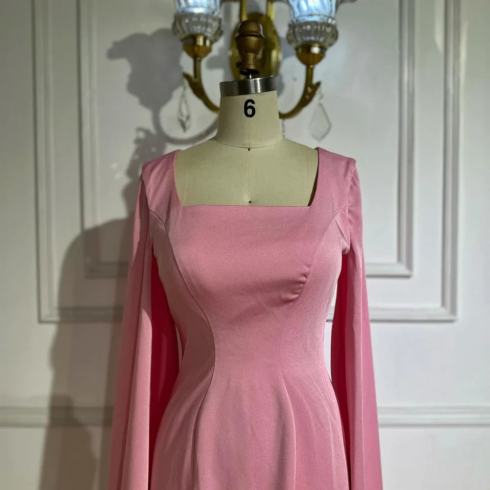 Luxury Arabic Pink Mermaid Evening Dress with Feather Cape LA72855