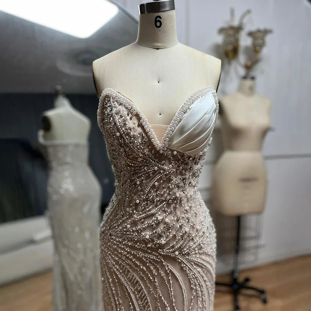 Luxury Dubai Arabic White Nude Mermaid Gown Pearls Beaded Luxury Saudi Evening Dress for Formal Occasion LA72712