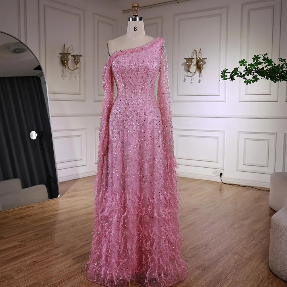 Luxury Feather One Shoulder Evening Dress with Cape Sleeves LA72763