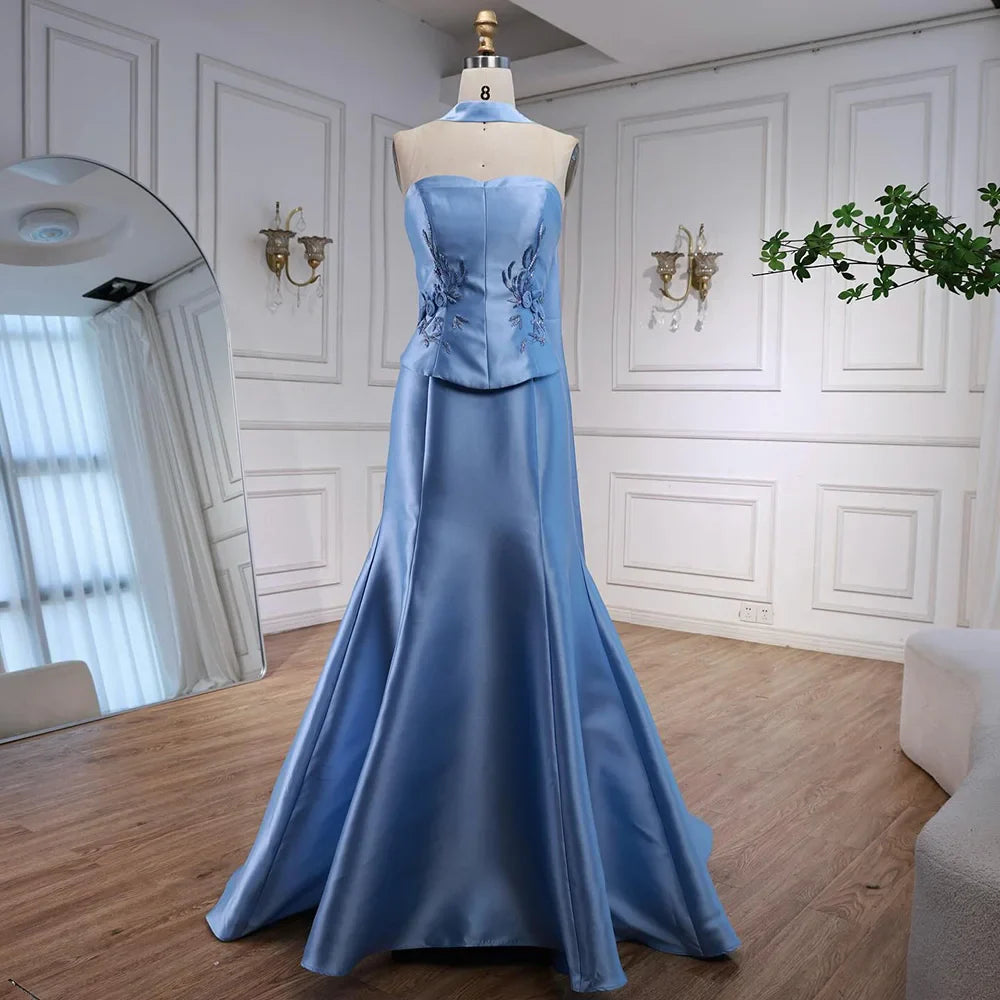 Luxury Blue Satin Mermaid Evening Dress with Long Scarf LA72831