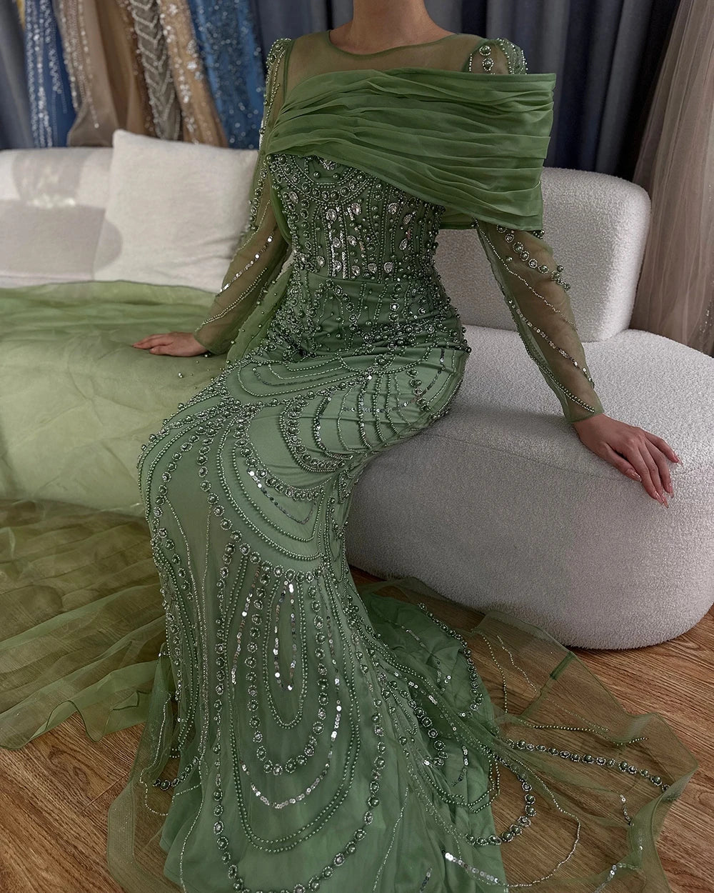 Luxury Designer Nude Crystal Mermaid Evening Dress with Overskirt LA72348