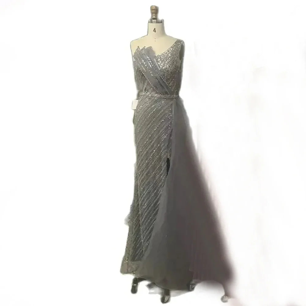 Luxury Dubai Blue One Shoulder Split Saudi Evening Gown with Beaded Side Overskirt Dress for Formal Occasion LA72732