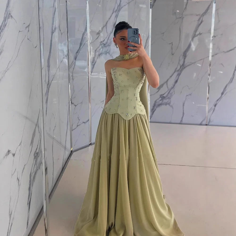 Classy Sage Green Strapless A-Line Chiffon Evening Dress LA73073