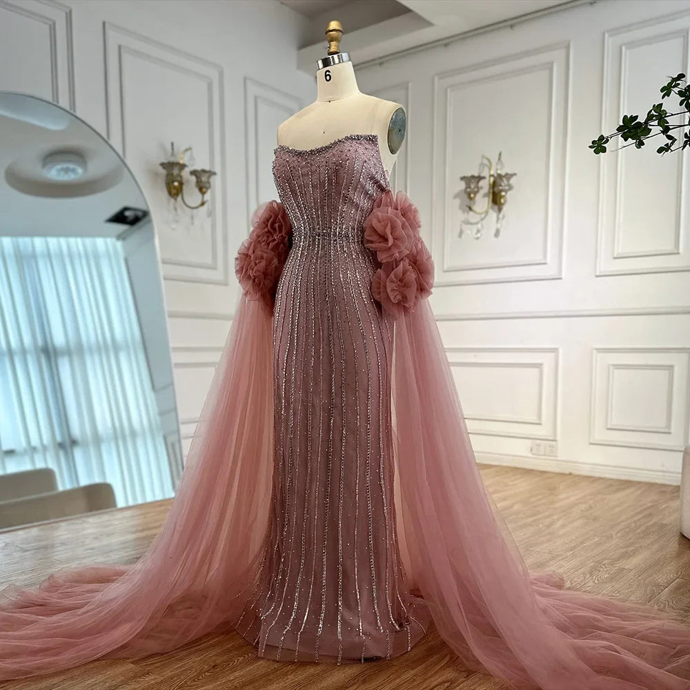 Luxury Pink Beaded Mermaid Arabic Evening Dress with Cape LA73019