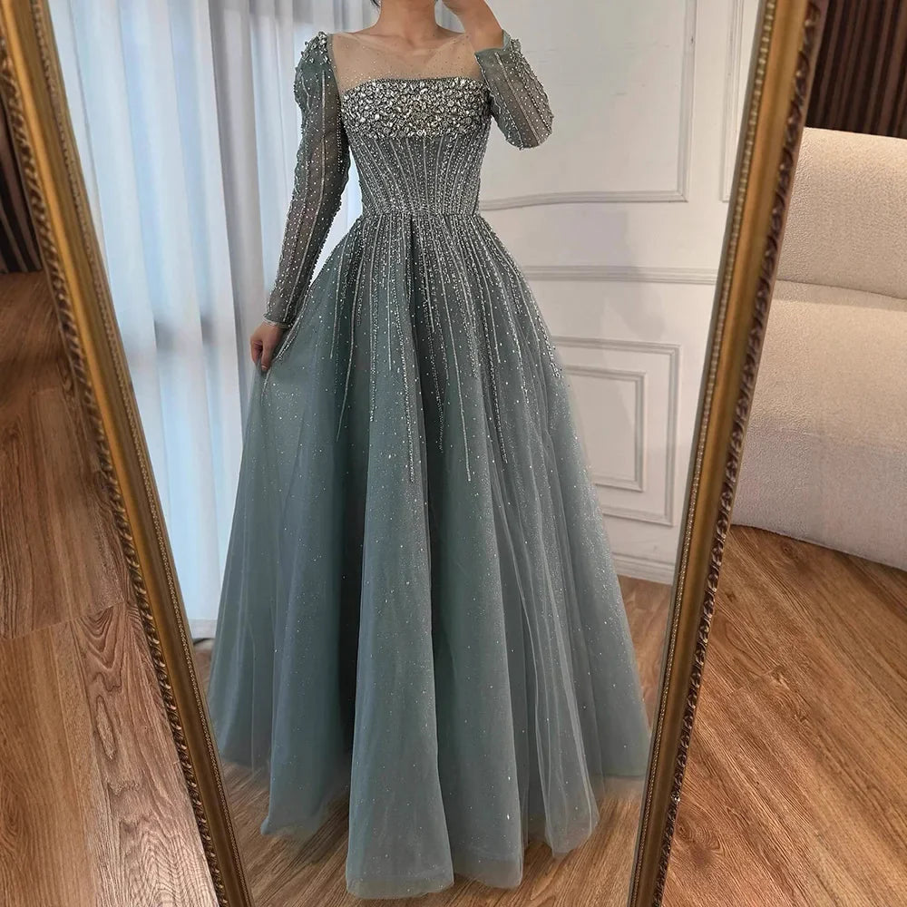 Luxury Caramel Sparkly A-Line Evening Dress with Long Sleeves LA72991
