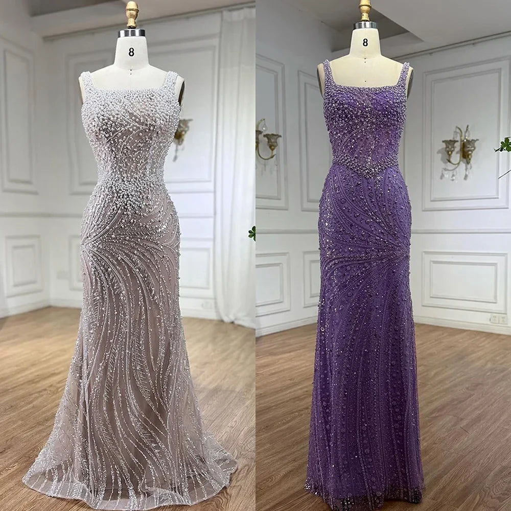 Luxury White Nude Pearl Beaded Mermaid Evening Dress LA72266