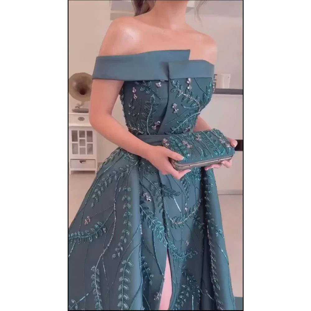 Luxury Dubai Green Arabic One-Shoulder Satin Evening Gown Beaded Dress with Overskirt and Split for Formal Occasion LA72178