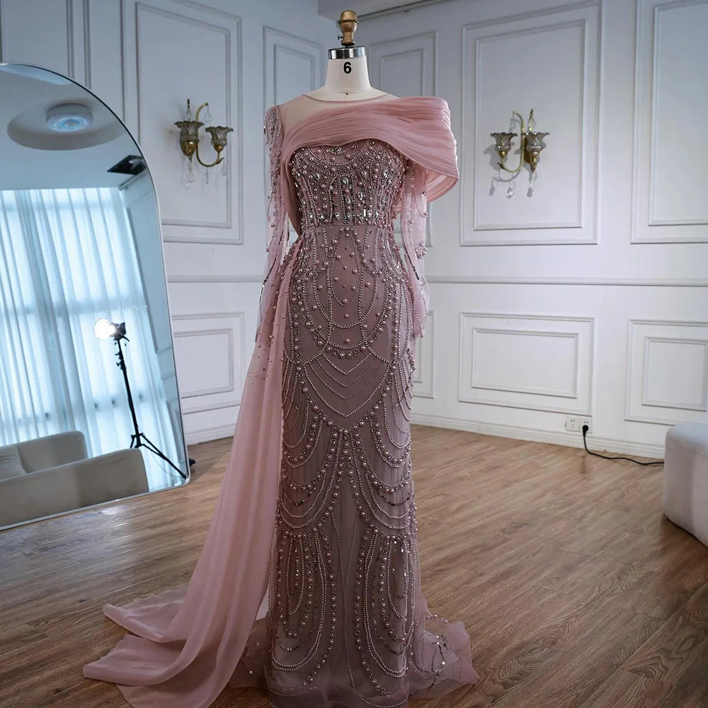 Luxury Designer Nude Crystal Mermaid Evening Dress with Overskirt LA72348