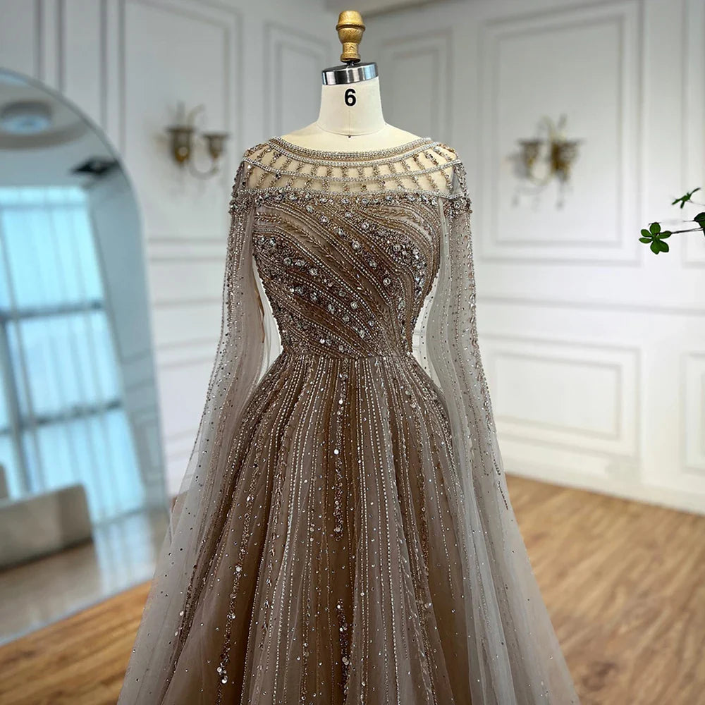 Luxury Caramel Beaded Evening Dress with Cape LA72994