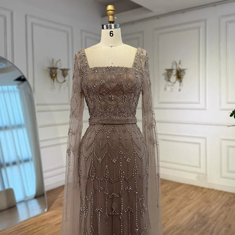 Luxury Arabic Caramel Beaded Evening Dress with Cape Sleeves LA72966A