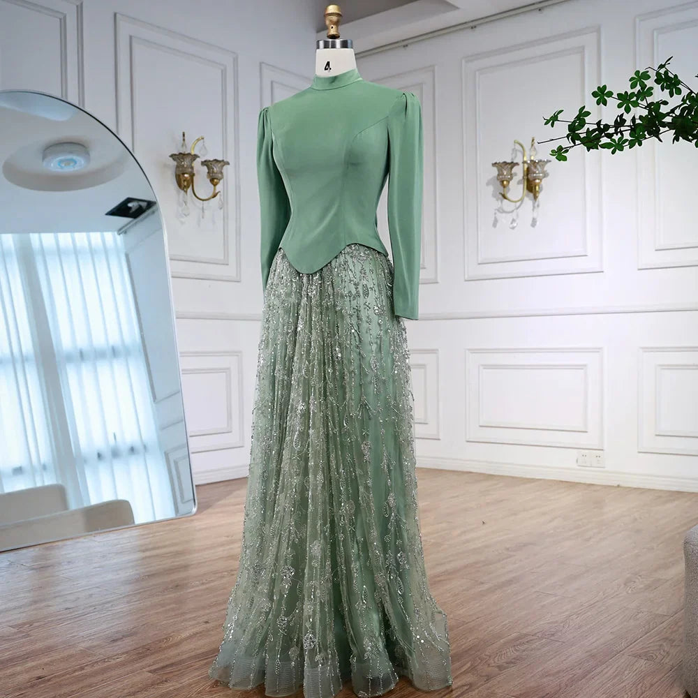 Luxury Sage Green Muslim Beaded Evening Dress LA72805A