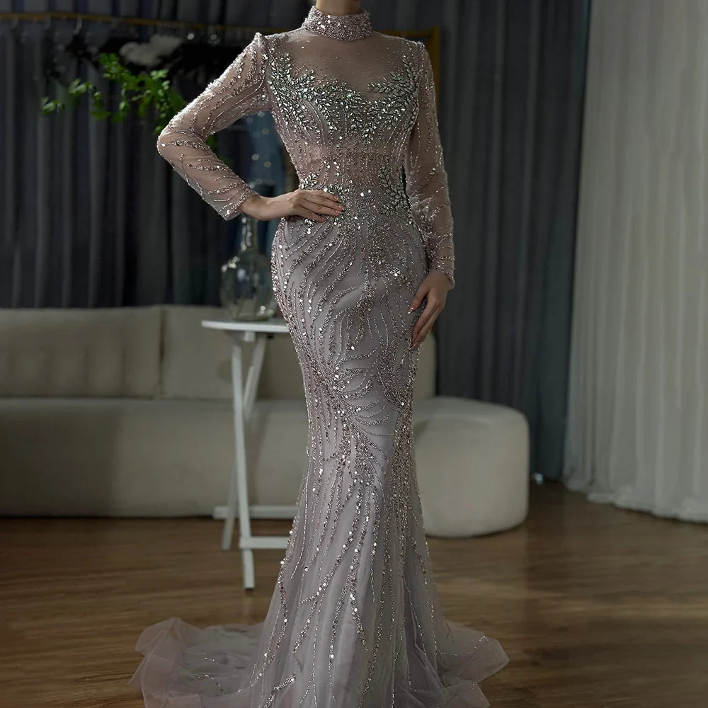 Luxury Dubai Saudi Arabic Elegant Pink Mermaid Beaded Long Evening Gown for Formal Occasion LA72754
