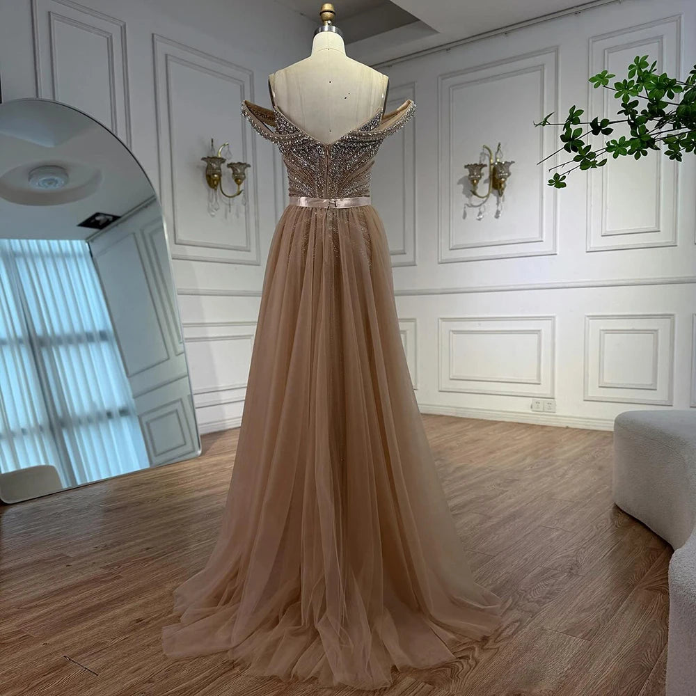 Luxury Nude Arabic Crystal Beaded Mermaid Off Shoulder Evening Dress LA73128