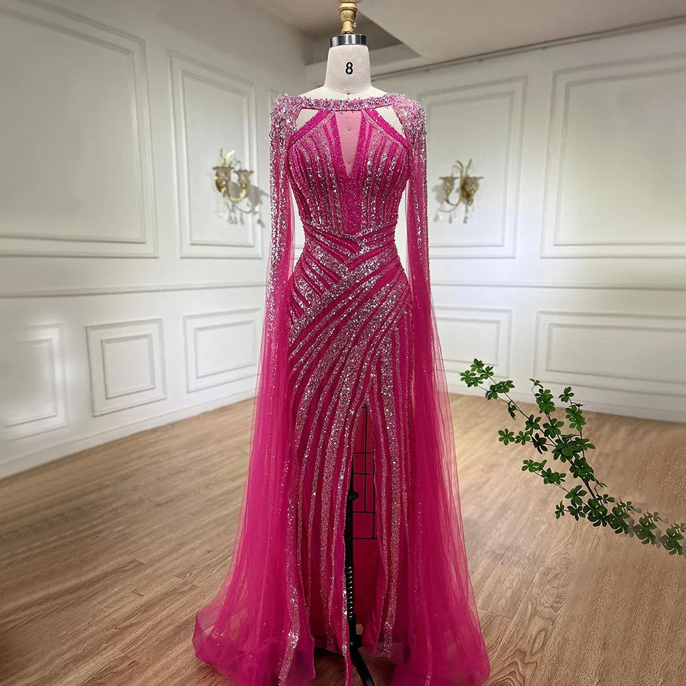 Luxury Crystal Yellow Evening Dress with Cape Sleeves LA72085