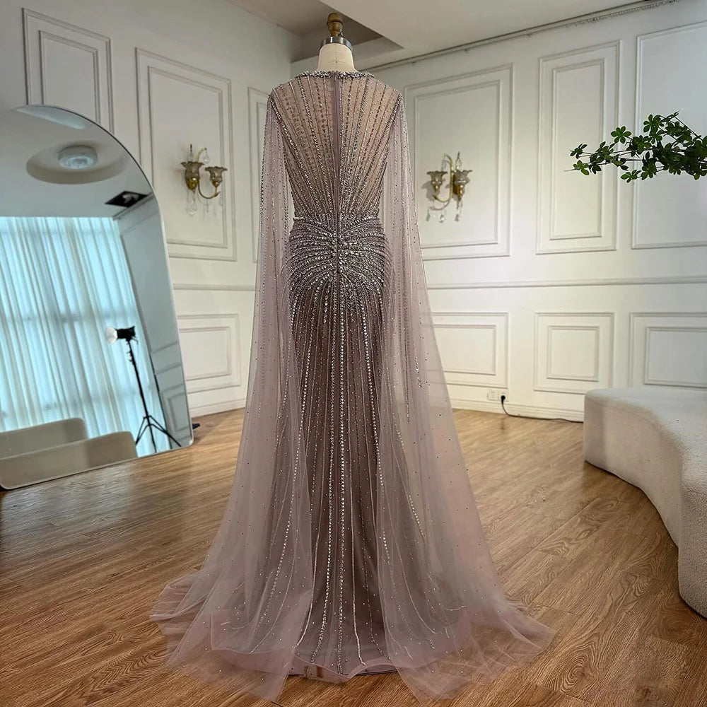 Luxury Nude Beaded Evening Dress with Cape Sleeves LA72575C