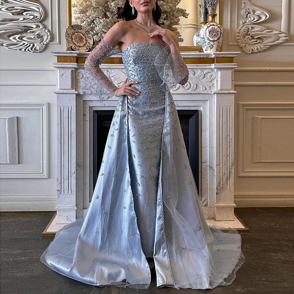 Dubai Luxury Blue Beaded Pearls Evening Gown with Overskirt LA72705