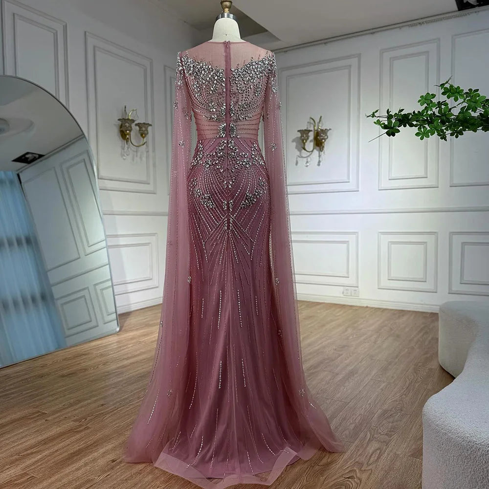 Luxury Pink Saudi Arabic Crystal Beaded Mermaid Evening Dress with Cape Sleeves LA73137