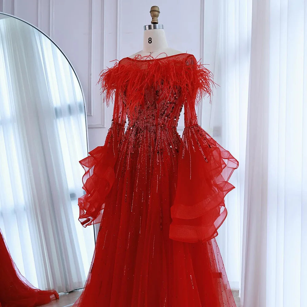 Luxury Red Feathered A-Line Evening Dress with Puffy Sleeves LA73080