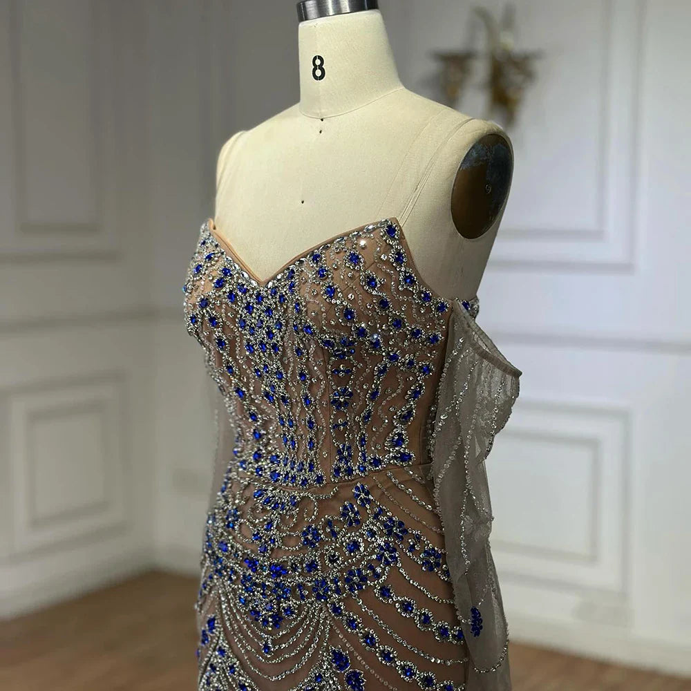 Luxury Blue Beaded Mermaid Evening Dress LA72858