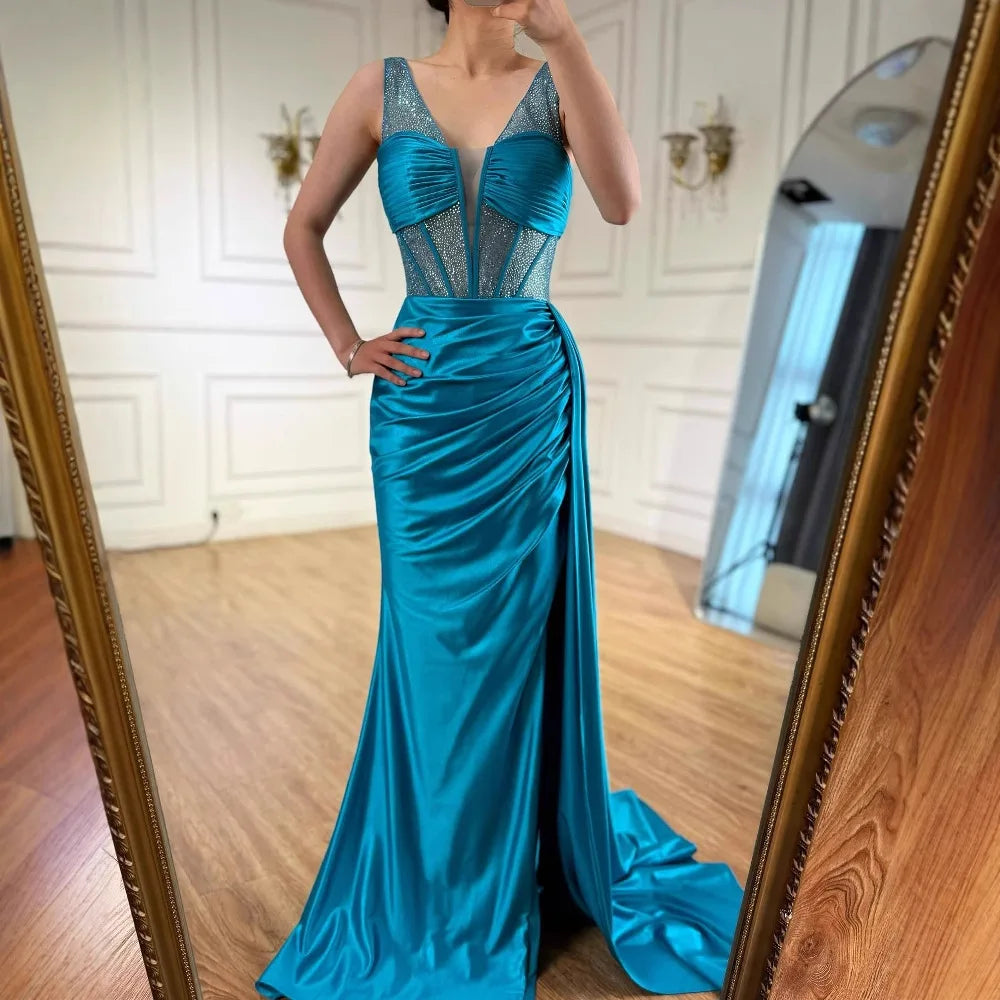 Corset Blue Prom Dress with Side Overskirt Spaghetti Straps LA73011