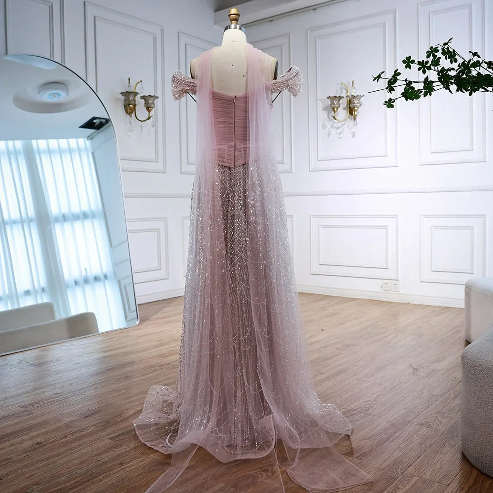 Luxury Arabic Pink Pearls Beaded Evening Dress With Cape LA72922