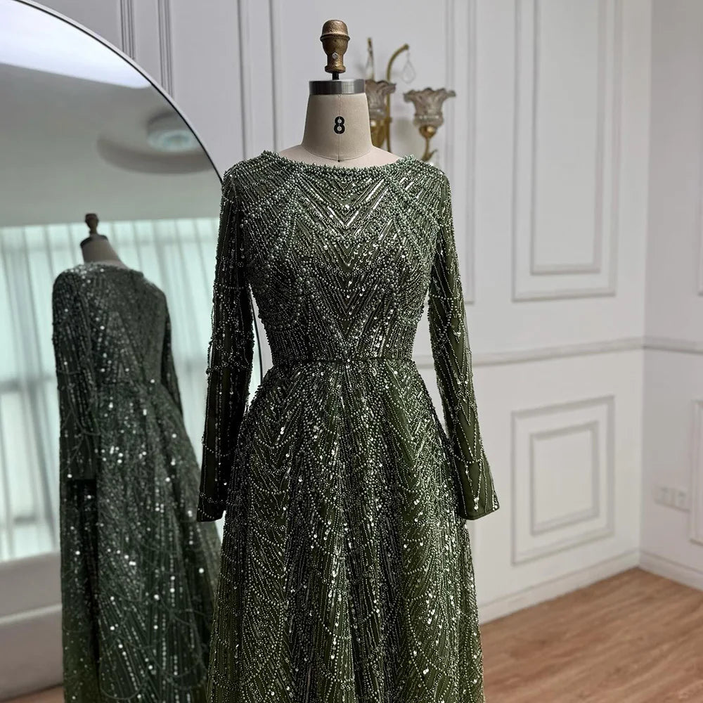 Luxury Olive Green Beaded A-Line Modest Evening Dress LA72738B