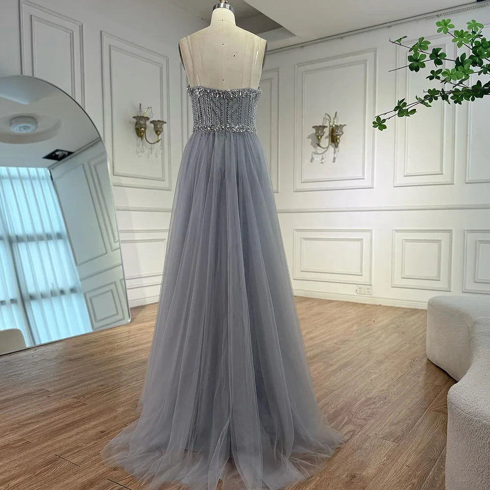 Luxury Gray Beaded Evening Dress with Overskirt LA73129