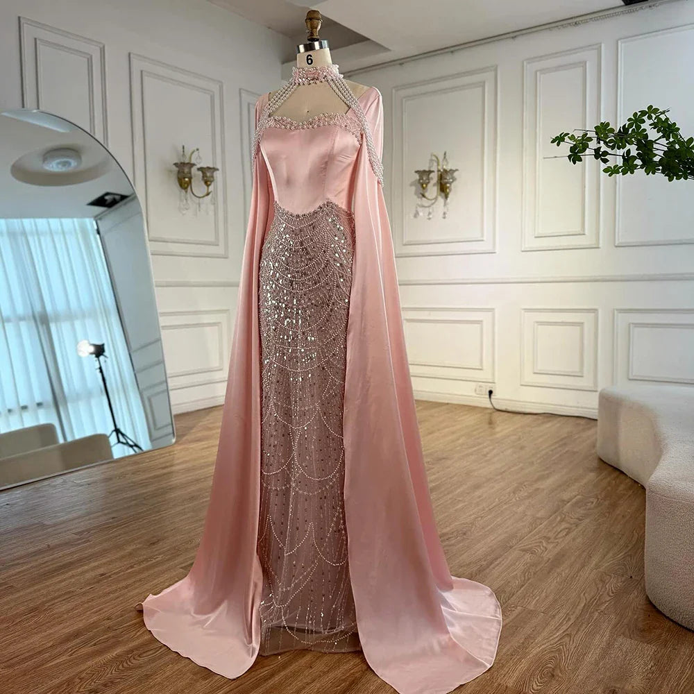 Luxury Arabic Pearls Pink Evening Dress with Cape LA73051