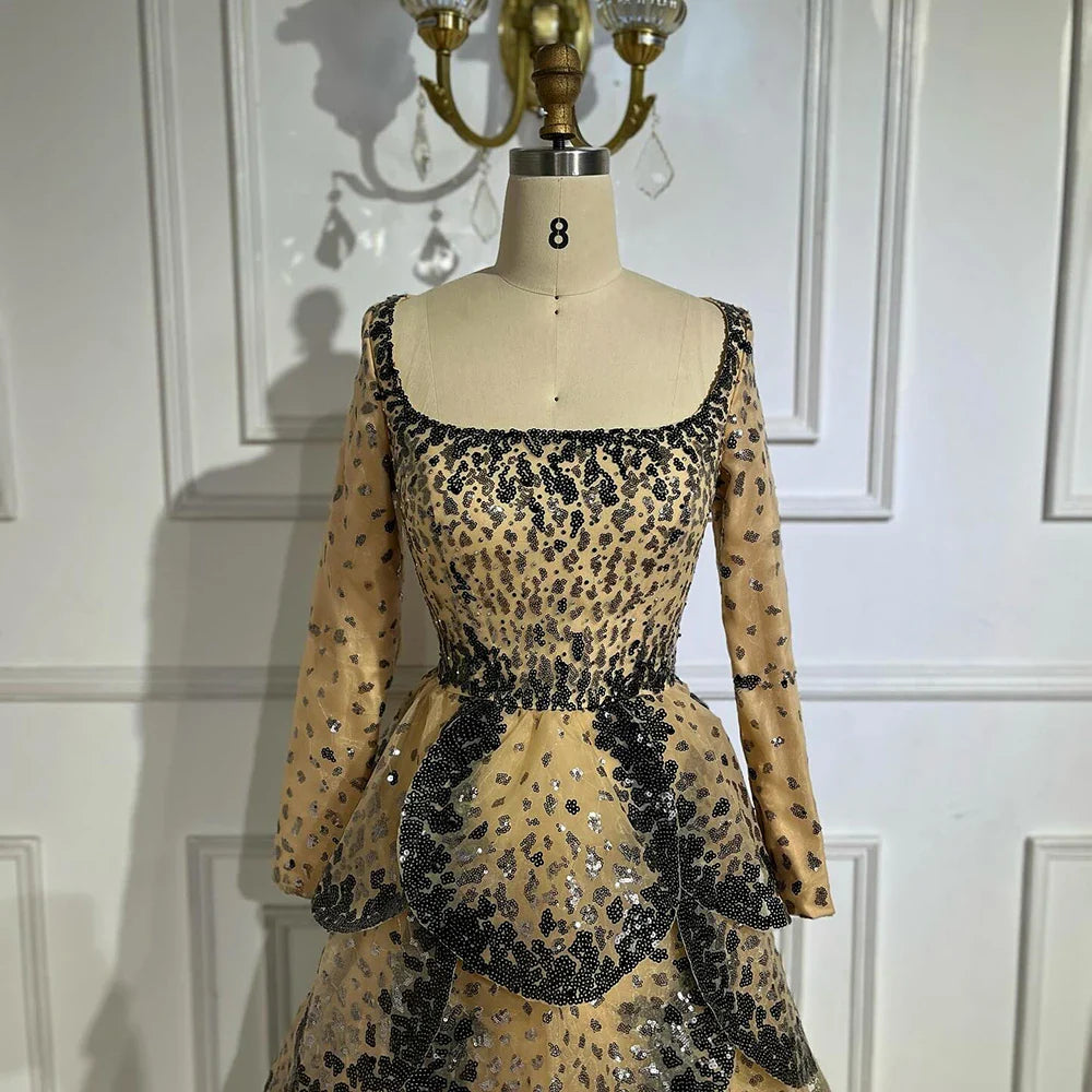 Luxury Black Nude Sequin Evening Dress with Long Sleeves LA72505B