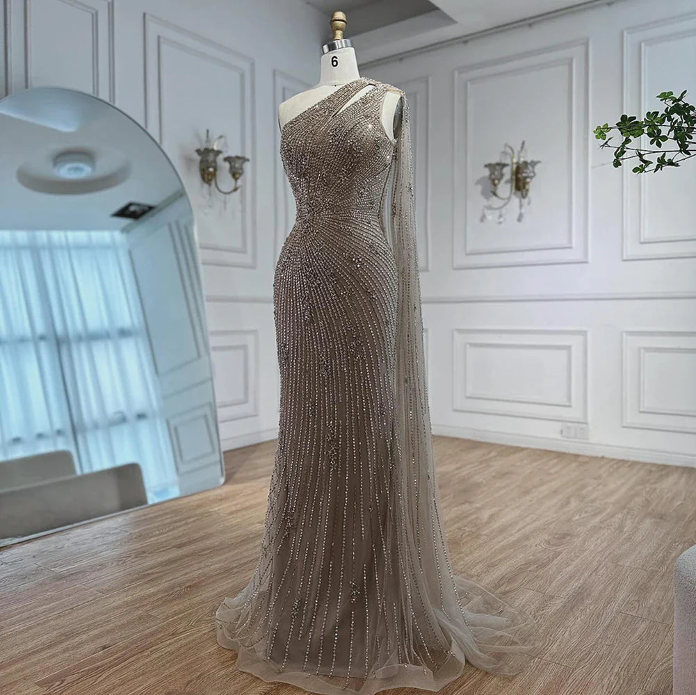Luxury Black One Shoulder Mermaid Evening Dress with High Slit LA72829